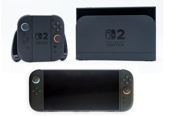 Acima: Console no modo portátil com os Joy-Con 2. Abaixo: Console no modo TV com os Joy-Con 2 conectados a um grip e o console encaixado no dock.