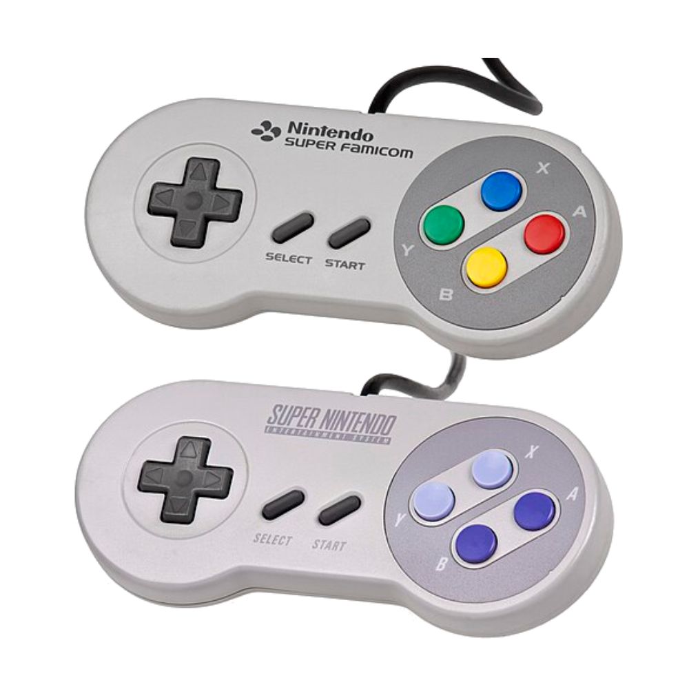  Imagem com 2 controles de Super Nintendo versão japonesa (acima) e americana (abaixo)