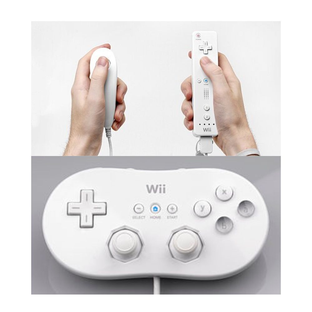  Acima, um Nunchuk conectado a um Wii Remote com uma alça, abaixo, Wii Classic Controller